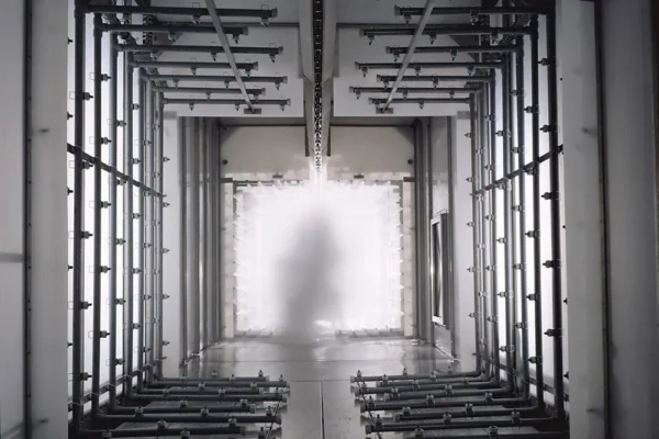Looking into a washer tunnel with spray risers on both sides and rising steam