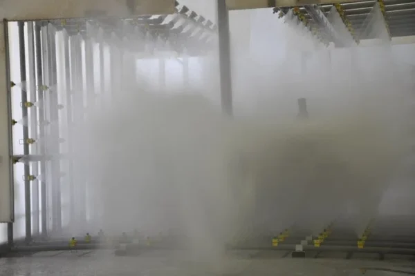 Spray pattern inside a washer stage seen through the translucent housing